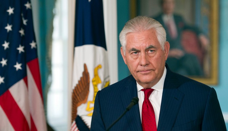 Secretary of State Rex Tillerson affirms his support for the administration and for President Trump during a press conference on Wednesday. (AP Photo/Cliff Owen)
