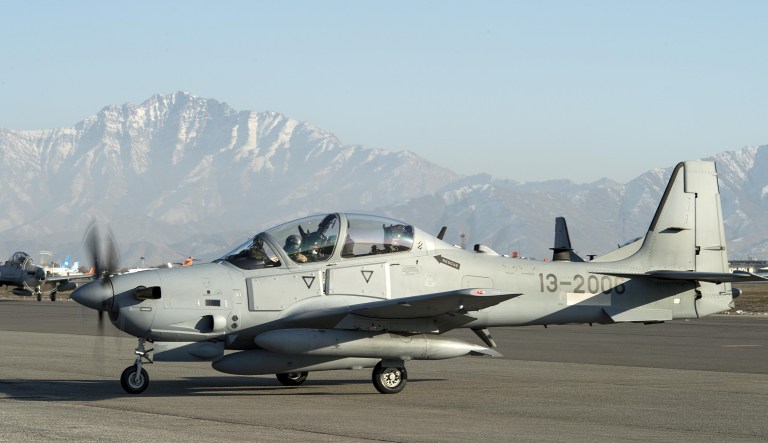 The service is looking to purchase a light and inexpensive aircraft capable of fighting insurgencies and carrying out close-air support. Pictured is the A-29 Super Tucano, one of the two finalists being considered by the Air Force. (Air Force)