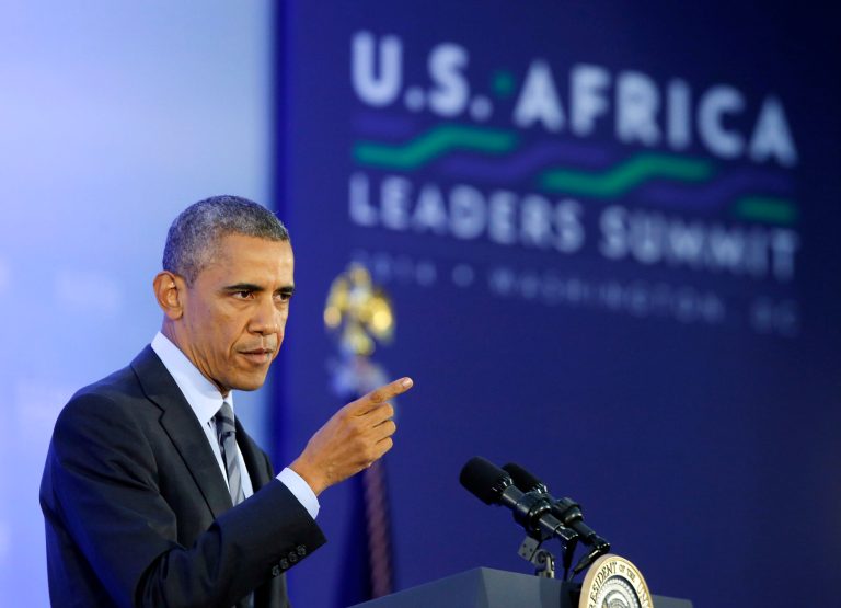 President Obama takes a question at a news conference at the end of the U.S.-Africa Leaders Summit at the State Department Wednesday. (AP Photo/Charles Dharapak)