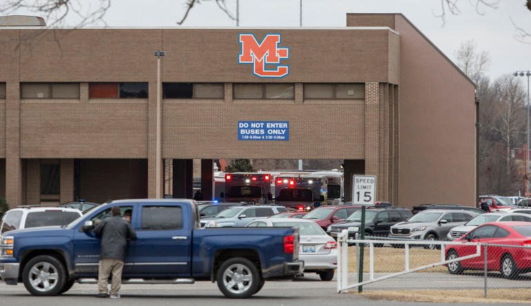 Emergency crews respond to Marshall County High School after a fatal school shooting Tuesday, Jan. 23, 2018, in Benton, Ky. Authorities said a shooting suspect was in custody. (Ryan Hermens/The Paducah Sun via AP)