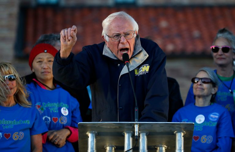 Sen. Bernie Sanders, I-Vt., speaks to supporters at a rally in support of Colorado Amendment 69, a ballot measure to set up the nation's first universal health-care system, on campus of the University of Colorado, in Boulder, Colo., Monday, Oct. 17, 2016. Amendment 69 would repeal the current health insurance system and make coverage universal. (AP Photo/Brennan Linsley)