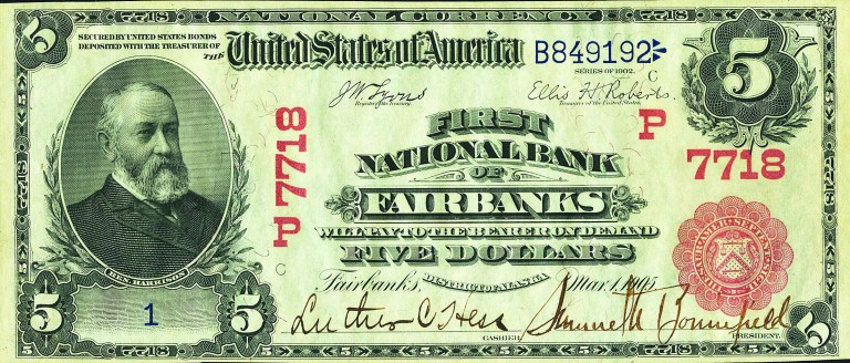 In this photo provided by Heritage Auctions, the front of a 1905 $5 bill is shown. How do you turn a $5 bill into $200,000? Let it sit around a century or so. A Dallas auctioneer is about to off a $5 bill presented in 1905 to Vice President Charles W. Fairbanks _ Theodore Roosevelt's No. 2 _ from the First National Bank of Fairbanks, Alaska. (AP Photo/Heritage Auctions)
