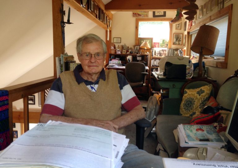 This Aug. 6, 2014 photo shows Malcolm Bell, a retired lawyer, at his home in Weston, VT. The whistleblower who spurred a major state investigation of alleged crimes and cover-ups at Attica prison is still on the case four decades later. Ex-prosecutor Bell, now 82 and retired to the Green Mountains of Vermont, recently filed court papers in support of opening long-sealed investigation volumes. (AP Photo/Michael Virtanen)