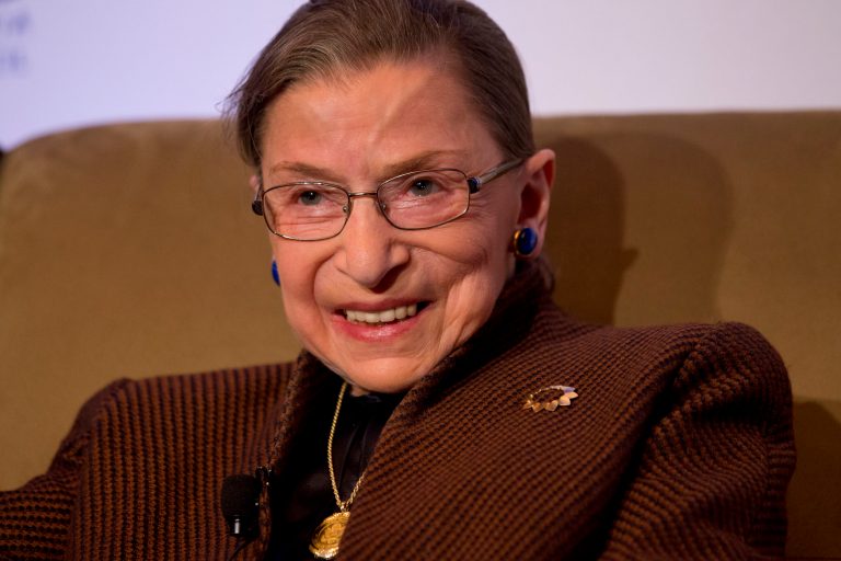 In this Dec. 17, 2013 file photo, Supreme Court Justice Ruth Bader Ginsburg smiles while speaking to the Northern Virginia Technology Council in Reston, Va. (AP Photo/Jacquelyn Martin, File)