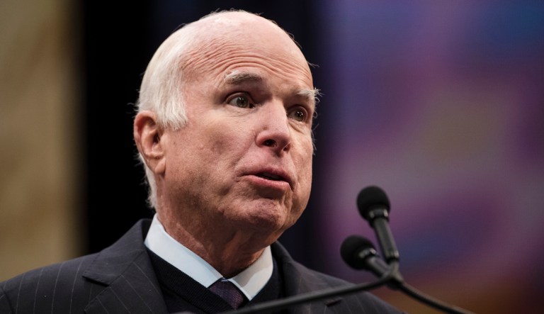 Sen. John McCain, R-Ariz., speaks after he received the Liberty Medal from the National Constitution Center in Philadelphia, Monday, Oct. 16, 2017. The honor is given annually to an individual who displays courage and conviction while striving to secure liberty for people worldwide. (AP Photo/Matt Rourke)