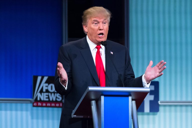 Republican presidential candidate Donald Trump participates in the first Republican presidential debate at the Quicken Loans Arena Thursday, Aug. 6, 2015, in Cleveland. (AP Photo/John Minchillo)