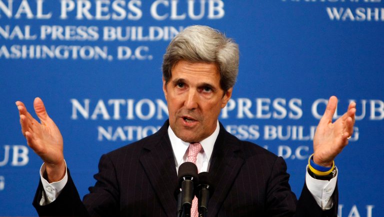   FILE - In this July 29, 2009, file photo, Sen. John Kerry, D-Mass., speaks at the National Press Club in Washington. The role of Mitt Romney in President Barack Obama's practice debates will be played by another Massachusetts politician: Kerry. A Democratic official said Monday, June 18, 2012, that Obama's campaign has tapped Kerry, who was the 2004 presidential nominee in 2004, to stand in for Romney. (AP Photo/Gerald Herbert, File)  
