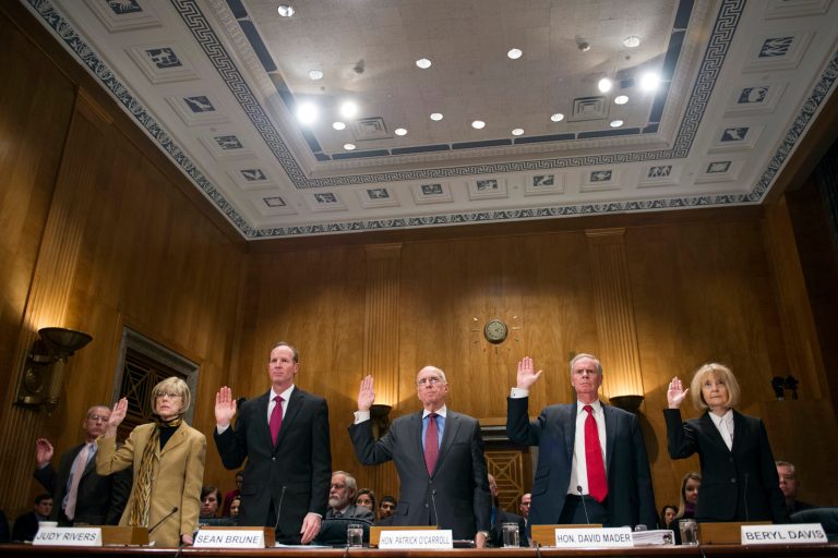 Witnesses, from left, Daniel Bertoni, director, Education, Workforce, and Income Security; Judy Rivers of Logan, Ala.; Sean Brune, senior advisor to the deputy commissioner for Budget, Finance, Quality and Management, U.S. Social Security Administration; Patrick O'Carroll, Jr., inspector general, U.S. Social Security Administration; David Mader, controller, Office of Management and Budget; and Beryl Davis, director, Financial Management and Assurance, U.S. Government Accountability Office, are sworn in before they testify before the Senate Homeland and Government Affairs Committee's hearing related to issues of the Government's Death Master File list on Capitol Hill in Washington, Monday, March 16, 2015. (AP Photo/Cliff Owen)