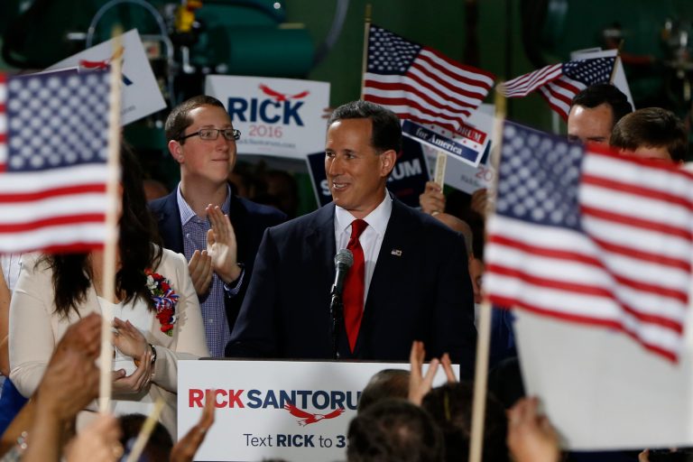 Former U.S. Sen. Rick Santorum announces his candidacy for the Republican nomination in the 2016 presidential race on Wednesday, May 27, 2015 in Cabot, Pa. (AP Photo/Keith Srakocic)