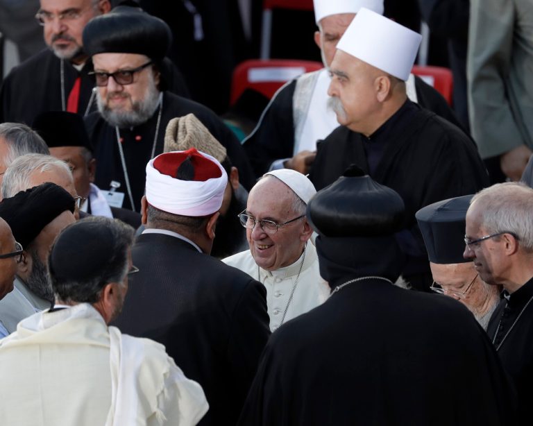 Pope Francis greets representatives of different religions, including Canterbury Archbishop Justin Welby, right, at the end of an inter-religious prayer gathering, in front of the Basilica of St. Francis, Assisi, Italy, Tuesday, Sept. 20, 2016. War refugees and leaders and representatives of several religions, including Christians, Jews, Muslims, Hindus and others, joined Pope Francis Tuesday in a day of prayer for peace in Assisi, the hometown of St. Francis, who preached tolerance and gentleness. (AP Photo/Alessandra Tarantino)
