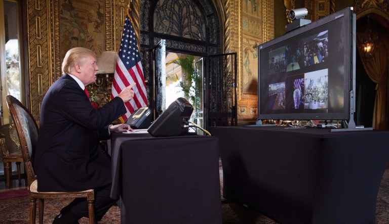 President Trump spoke to service members in each branch of the military Sunday during a Christmas Eve video conference. (AP Photo/Carolyn Kaster)