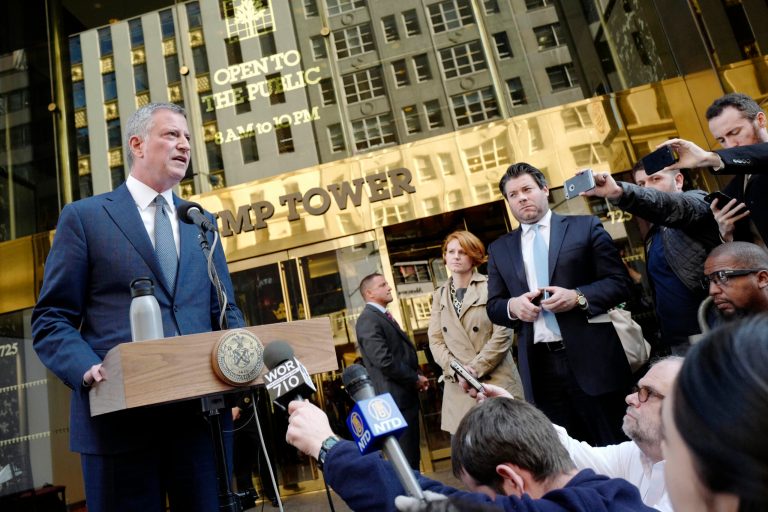 New York City Mayor Bill de Blasio stopped short Wednesday night of throwing his support behind Rudy Giuliani, who is being considered for secretary of state in the Trump administration. (AP Photo/Mark Lennihan)