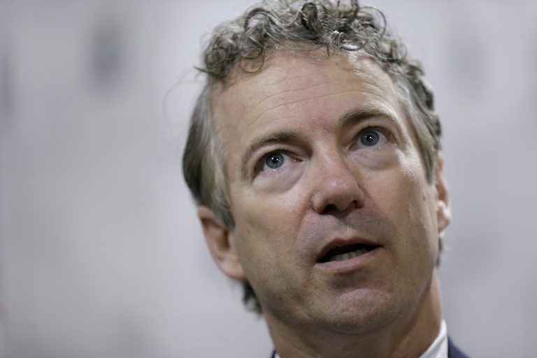 U.S. Sen. Rand Paul, R-Ky., speaks during an interview with The Associated Press after speaking at a rally hosted by Liberty Iowa, Friday, Feb. 6, 2015, at the Jasper Winery in Des Moines, Iowa. (AP Photo/Charlie Neibergall)