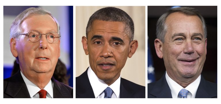 These 2014 file photos show, from left, Senate Minority Leader Mitch McConnell of Ky., President Barack Obama and House Speaker John Boehner of Ohio. (AP Photo, File)