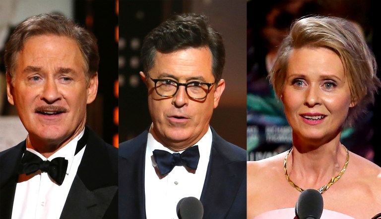 Kevin Kline, Stephen Colbert and Cynthia Nixon took their opportunity to give some subtle and not-so-subtle jabs at President Trump. (Photo by Michael Zorn/Invision/AP)