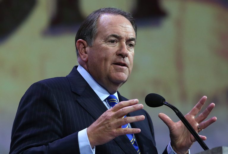 Former Arkansas Gov. Mike Huckabee speaks during the NRA-ILA Leadership Forum at the 2015 NRA Annual Meeting & Exhibits on April 10, 2015 in Nashville, Tenn. (Photo by Justin Sullivan/Getty Images)