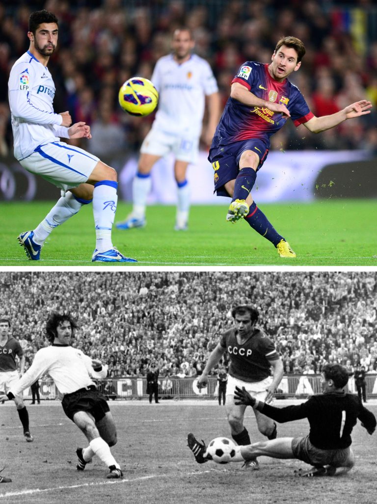   This combo of two file photographs shows at top; FC Barcelona's Lionel Messi, from Argentina, scoring his second goal against Zaragoza during a Spanish La Liga soccer match at the Camp Nou stadium in Barcelona, Spain, in a Nov. 17, 2012 file photo, and at bottom; a June 18, 1972 file photo of Gerd Mueller, left, of West Germany, scoring a goal against the Soviet Union in the Heysel Stadium, in Brussels. Messi scored his 85th goal during the Spanish league game with Betis on Sunday, Dec. 9, 2012, matching the current record of most goals scored within one calendar year, previously held by former German striker Gerd Mueller. (AP Photos, Files)  