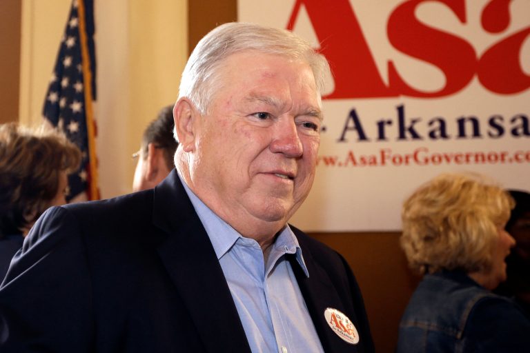 Former Mississippi Gov. Haley Barbour attends a political rally in Jonesboro, Ark., for Republican candidate for Arkansas governor Asa Hutchinson and other GOP candidates Friday, Oct. 31, 2014. (AP Photo/Danny Johnston)