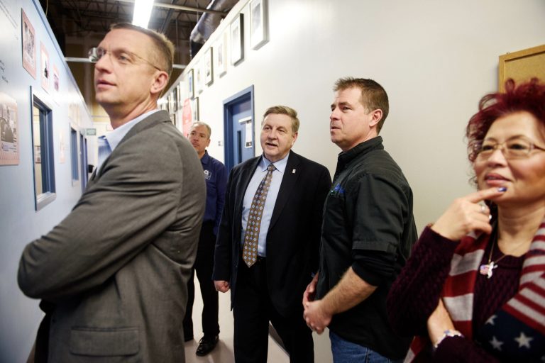 Rick Saccone (pictured center), a Republican state lawmaker running for a House seat in Pennsylvania's 18th Congressional District, gets a tour of Rosedale Technical College on Feb. 12 in Kennedy Township, Pa. Saccone is running against Democrat Conor Lamb in a special election to fill the seat previously held by Rep. Tim Murphy, who resigned in October. (Justin Merriman for the Washington Examiner)
