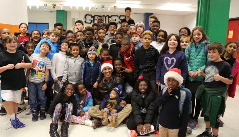 The former president brought gifts and spoke with students and staff for about a half hour. (Barack Obama Twitter)