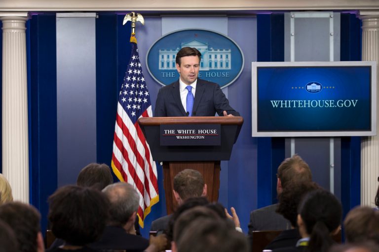 White House press secretary Josh Earnest answers a question in the press area of the White House in Washington, Tuesday, June 9, 2015. (AP Photo/Evan Vucci)