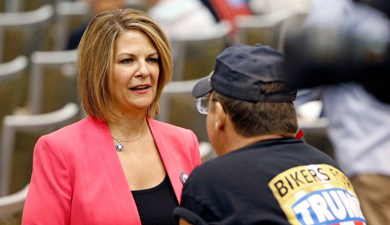 Kelli Ward, who is challenging Arizona Sen. Jeff Flake in the Republican primary, took aim at Flake and Sen. John McCain in a new campaign ad using President Trump's his criticisms of the two senators. (AP Photo/Ross D. Franklin)