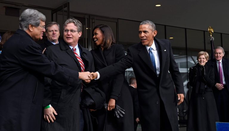 President Obama shakes hands with former Senate Majority Leader Trent Lott of Mississippi, as Connecticut State Sen. Ted Kennedy Jr., watches during the dedication of the Edward M. Kennedy Institute for the United States Senate in Boston, Monday, March 30, 2015. From left are, Lott, Massachusetts Gov. Charlie Baker, first lady Michelle Obama, the president, Sen. Elizabeth Warren, D-Mass., and Sen. Edward Markey, D-Mass. (AP Photo/Susan Walsh)