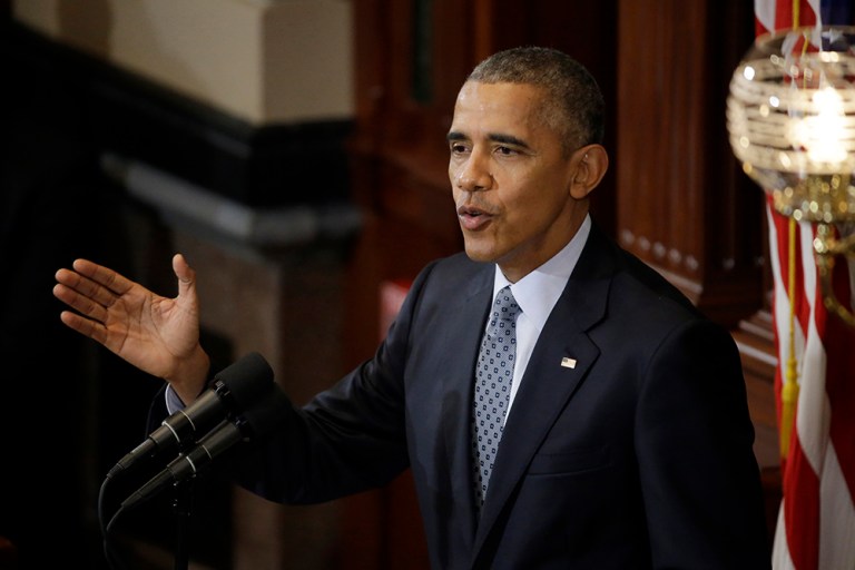 President Barack Obama delivers remarks to the Illinois General Assembly Wednesday, Feb. 10, 2016, inside the House chamber at the Illinois Capitol in Springfield, Ill. (AP Photo/Jeff Roberson)