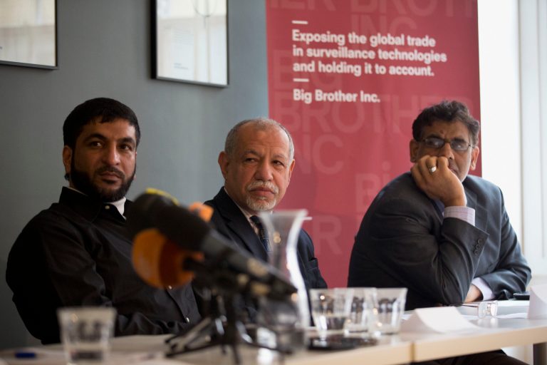 Pro-democracy activists, from left, Moosa Abd-Ali Ali, Saeed Al-Shehabi and Jaafar Al Hasabi listen during a press conference in London, Monday, Oct. 13, 2014.  The three pro-democracy activists say they have been hacked by Bahrain's government while living in Britain, one of a growing number of cases in which refugees say malicious software has been used to keep tabs on their activities abroad.  Moosa Abd-Ali Ali, Jaafar Al Hasabi and Saeed Al-Shehabi are at the heart of a criminal complaint alleging that Bahrain's government infected their computers with FinFisher, a powerful piece of espionage software.  (AP Photo/Matt Dunham)
