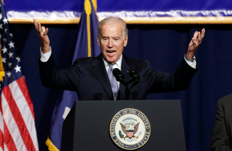 In this Sept. 10, 2015, photo, Vice President Joe Biden speaks during a labor rally in New York. (AP Photo/Mark Lennihan)