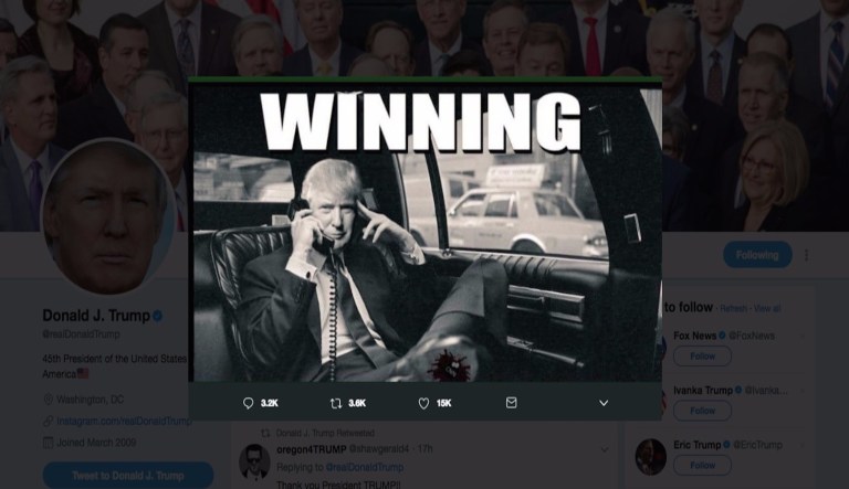 President Trump Sunday retweeted an image in which he is in a limousine with the text 
