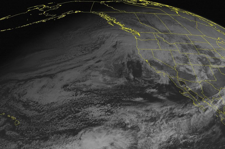   This NOAA satellite image taken Sunday, Dec. 16, 2012, at 02:00 PM EST, shows a frontal system moving into the Pacific Northwest and northern California bringing rain and heavy mountain snow. Snow will continue to fall over the Great Basin as the system moves eastward. A cold front moving south over the Northern Plains will bring snow showers. (AP Photo/Weather Underground)  