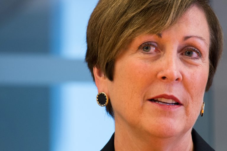 John F. Kennedy Center for the Performing Arts President Deborah F. Rutter answers questions about her vision for the center during a interview at the Associated Press in Washington, Friday Sept. 26, 2014. (AP Photo/J. David Ake)