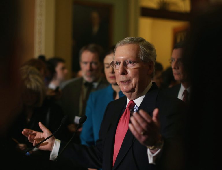 Senate Majority Leader Mitch McConnell, speaks to the media at the U.S. Capitol March 10, 2015 on Capitol Hill in Washington, DC. Leader McConnell spoke on various issues in front of the U.S. Senate. (Photo by Mark Wilson/Getty Images)