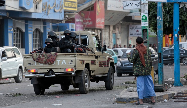 In this Dec. 4, 2017 photo, Houthi Shiite fighters ride on a vehicle as they patrol a street near the residence of former Yemeni President Ali Abdullah Saleh, in Sanaa, Yemen. Last Tuesday, Iranian-backed Houthi fighters also launched a ballistic missile against Riyadh, the capital of Saudi Arabia. (AP Photo/Hani Mohammed)