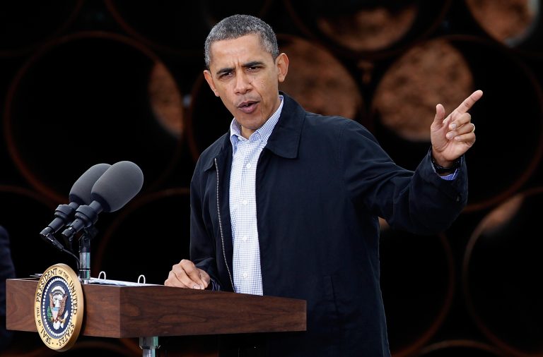 President Obama speaks at the southern site of the Keystone XL pipeline on March 22, 2012 in Cushing, Oklahoma. (Photo by Tom Pennington/Getty Images)