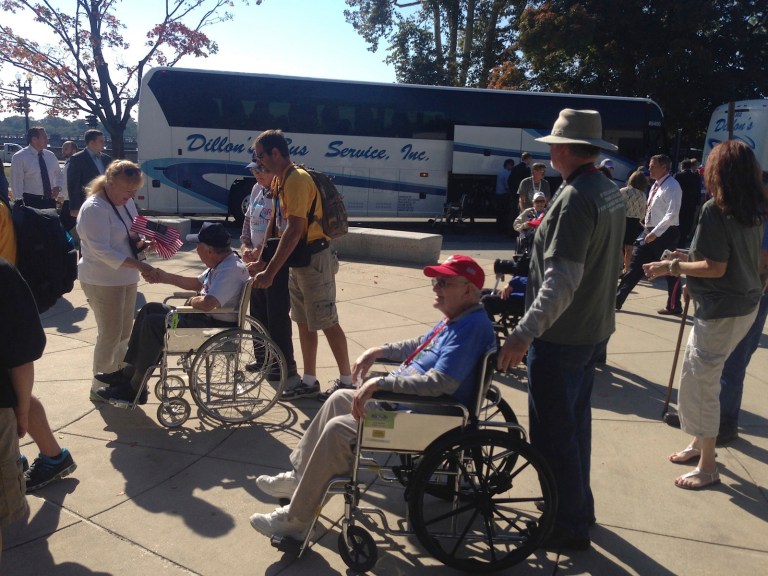Military veterans arrive at the World War II Memorial in Washington on Wednesday. (Charlie Spiering/Examiner)