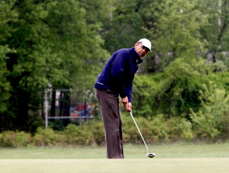 President Obama hit the links Friday, the day after hosting wounded warriors at the White House for a BBQ on the south lawn and 4th of July fireworks viewing. (Photo: Dennis Brack-Pool/Getty Images)
