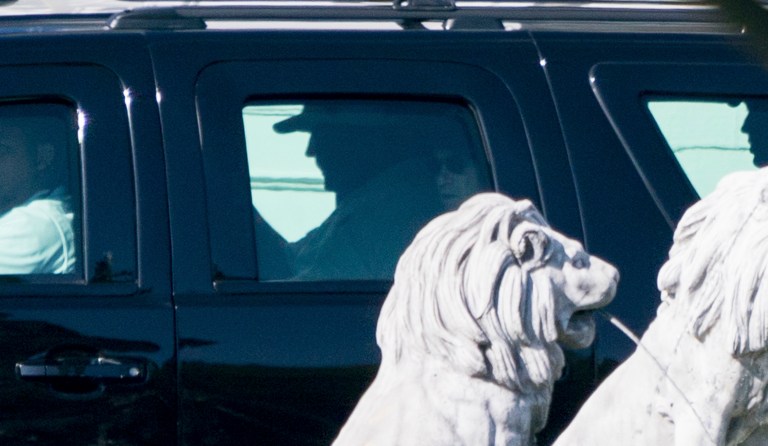 President Donald Trump, center left, and Sen. Rand Paul, R-Ky., center right, depart Trump National Golf Club, Sunday, Oct. 15, 2017, in Sterling, Va. (AP Photo/Andrew Harnik)