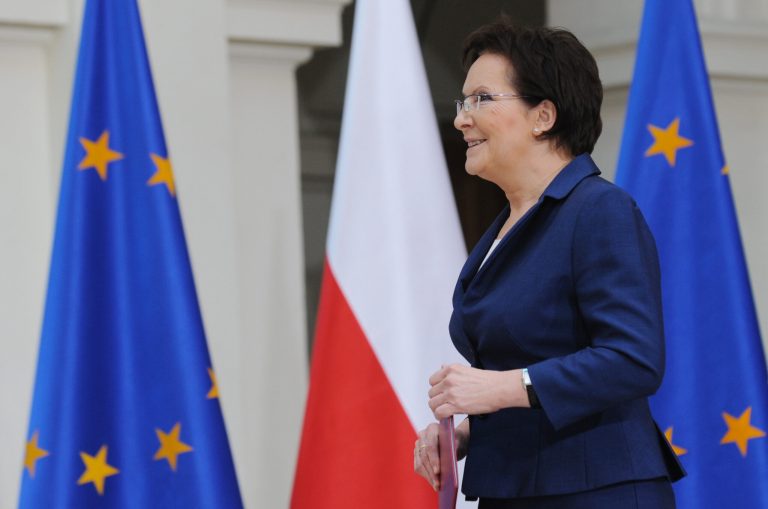 Poland's Prime Minister-designate Ewa Kopacz arrives for the presentation of the ministers of her cabinet, in Warsaw  Poland, Friday, Sept. 19, 2014. The new Polish government will be sworn in on Monday Sept. 22. (AP Photo/Alik Keplicz)