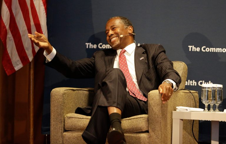 Republican Presidential candidate Dr. Ben Carson during a speech to the Commonwealth Club public affairs forum Tuesday, Sept. 8, 2015, in San Francisco. (AP Photo/Eric Risberg)
