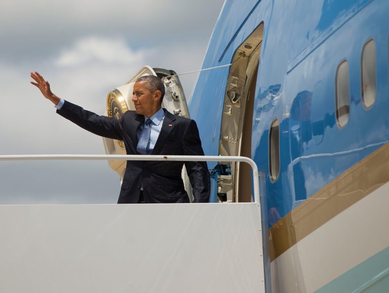 President Barack Obama waves as he boards Air Force One before his departure from Andrews Air Force Base, Wednesday, May 27, 2015, en route to Miami. Obama is traveling to Miami to raise money for the Democratic National Committee at a pair of events at the homes of well-heeled political donors and tomorrow he will visit the National Hurricane Center to draw attention to preparedness in advance of the annual storm season that formally begins June 1. (AP Photo/Pablo Martinez Monsivais)