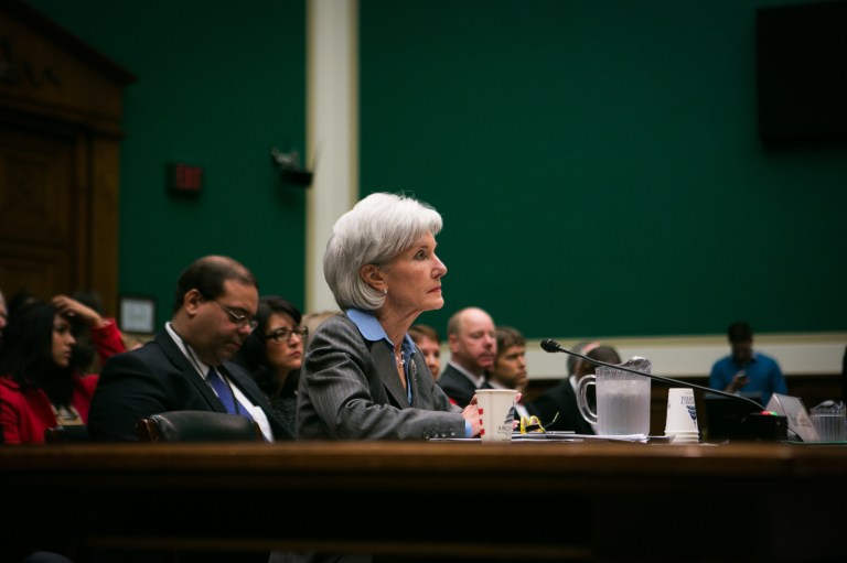 Secretary of Health and Human Services Kathleen Sebelius said that healthcare.gov is operating under a âtemporaryâ order certifying that it met stringent security standards. (Examiner/Graeme Jennings)
