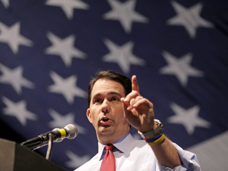 Wisconsin Gov. Scott Walker speaks at the Republican party of Wisconsin State Convention in Milwaukee. (AP/Jeffrey Phelps)