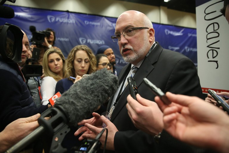 Democratic presidential candidate Bernie Sanders' campaign manager, Jeff Weaver, speaks in the spin room after the Brown & Black Forum, Monday, Jan. 11, 2016, in Des Moines, Iowa.