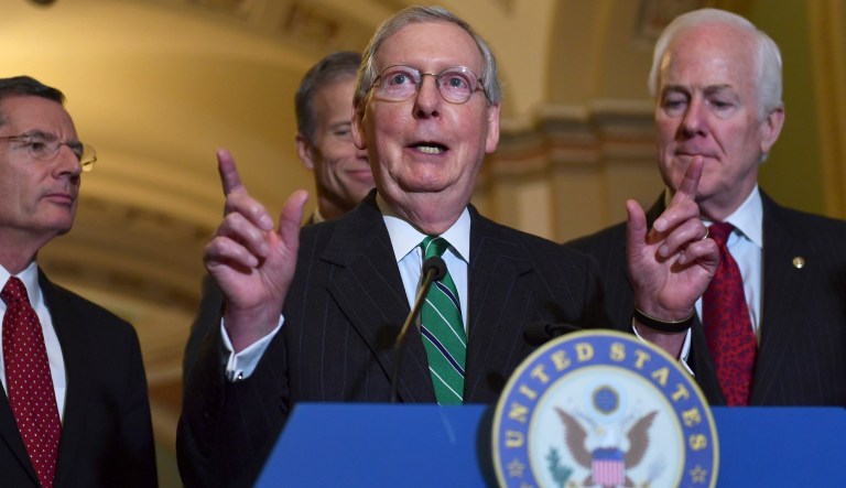Senate Republicans, led by Majority Leader Mitch McConnell of Kentucky, introduced a sprawling tax overhaul Thursday, part of which would eliminate nonprofit status for certain sports leagues. (AP Photo/Susan Walsh)