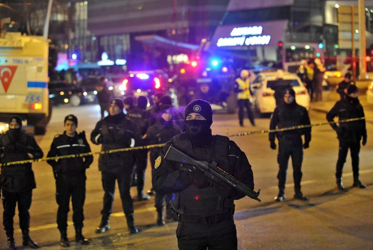 Turkish police officers cordon off the area close to a photo gallery where the Russian Ambassador to Turkey, Andrei Karlov, was shot and killed by a gunman in Ankara, Turkey, Monday, Dec. 19, 2016. (AP Photo)