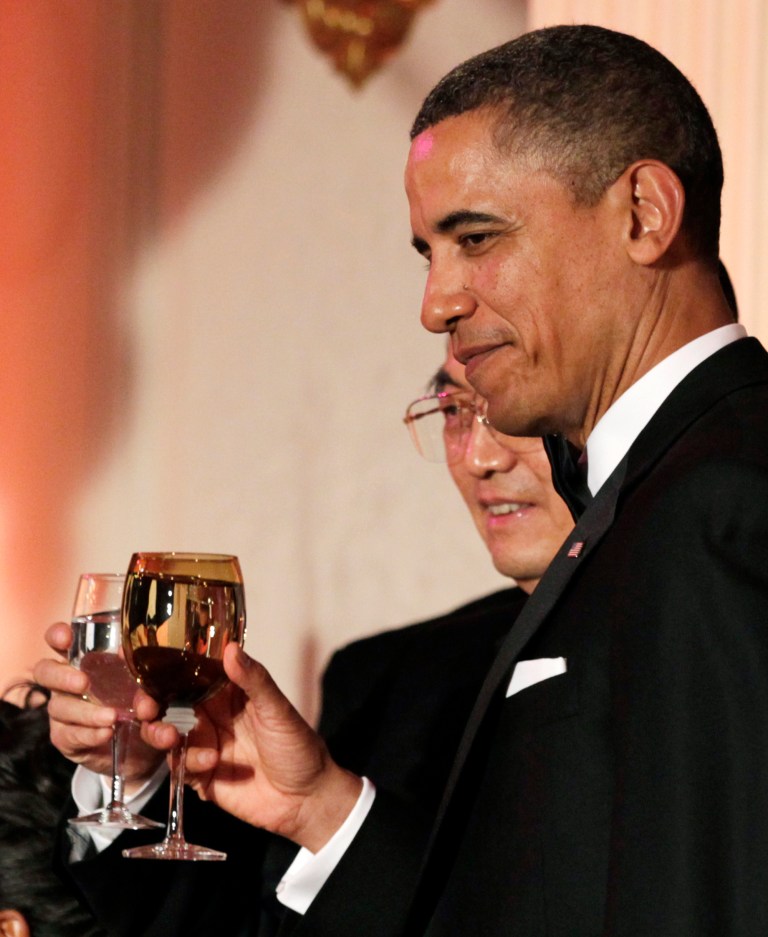 President Barack Obama and China's President Hu Jintao toast during a State Dinner in the State Dining Room at the White House in Washington, Wednesday, Jan. 19, 2011. Classier wines were served at that dinner than the one Friday night. (AP Photo/Carolyn Kaster)