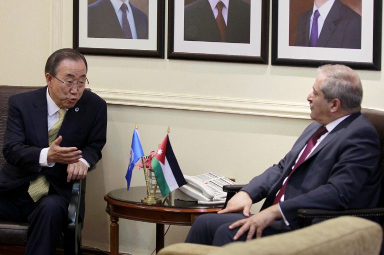 United Nations Secretary-General Ban Ki-moon, left, meets with Jordanian Foreign Minister Nasser Judeh in the capital, Amman, Jordan, Wednesday, July 23, 2014. Ban is in the Middle East to meet regional leaders and U.S. Secretary of State John Kerry to make the highest-level push to end the war between Israel and Hamas in the Gaza Strip. (AP Photo/Khalil Mazraawi, Pool)