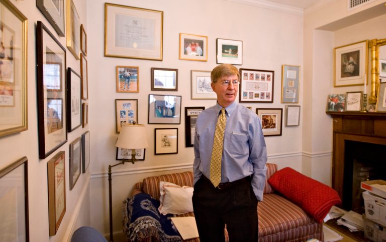 Conservative columnist and pundit George Will, is interviewed in this office in the Georgetown section of Washington on Tuesday, April 22, 2008. (AP Photo/J. Scott Applewhite)